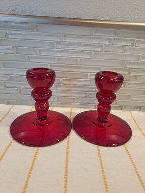 Set of 2 Vintage Glass Ruby Red Glass Candle Holders 4"